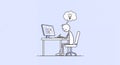 Stickman Working at Computer With Cloud Thought in Minimalist Design on White Background Royalty Free Stock Photo