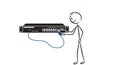 Stickman Connecting Blue Cable to Black Network Switch on White Background Stick Figure Plugging Data Connection Royalty Free Stock Photo