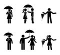 Stickman couple with umbrella icon set. Black pictogram of rain resistant accessory.