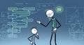 Stickman Explaining Flowchart Diagram to Junior Colleague with a Rising Chart Background Concept Cartoon Isolated on Royalty Free Stock Photo