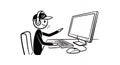 Stickman with Headset and Cap Communicating at Computer Workstation Isolated Royalty Free Stock Photo