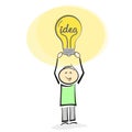 Stickman holding glowing light light bulb with word IDEA above head Royalty Free Stock Photo