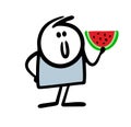 Stickman holds a slice of ripe watermelon in his hand. Vector illustration of a character and a large berry.