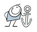 Stickman hugs a large anchor from cartoon naval vessel. The vector illustration of sailors is symbol of travel and