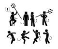 Stickman icon set, stick figure isolated pictograms of the devil, illustration of hell, demons in various poses