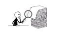 Stickman Inspecting Huge Document Stack with Magnifying Glass Isolated Royalty Free Stock Photo