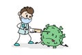 Stickman in medical mask kills virus with big syringe of vaccine or injection. Vaccine for coronavirus or covid-19. Infographic