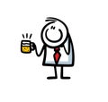 Stickman in office suit and red tie holds a glass cup of beer.