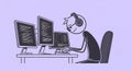Stickman Programmer Coding at Desk with Three Monitors on Lavender Background Illustration Animation of Man Working on Royalty Free Stock Photo