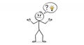 Confused Stickman with Light Bulb Question Mark on White Background Royalty Free Stock Photo