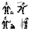 Stickman Santa Claus vector set. Waving ho ho ho, holding New Year tree and presents bag icon stickman pictogram Royalty Free Stock Photo