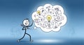 Stickman Throwing Idea Cloud with Lightbulbs on Gradient Blue Background Royalty Free Stock Photo