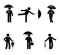 Stickman with umbrella icon set. Black silhouette of male with rain resistant accessory on white.