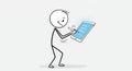 Stickman Using Tablet with Blue Screen on White Background Royalty Free Stock Photo