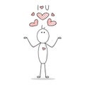 Stickman is watching the striped red hearts, fall in love. I love you. Happy Saint Valentines day, feelings, emotions, love, man Royalty Free Stock Photo