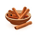 Sticks of cinnamon are in brown ceramic bowl. Aromatic condiment, spice.