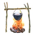 Sticks with knots for hanging the cauldron over the fire. Watercolor illustration isolated on white background.