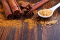 Sticks and powder of cinnamon, anise, sugar cane Royalty Free Stock Photo