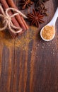 Sticks and powder of cinnamon, anise, sugar cane Royalty Free Stock Photo