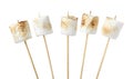 Sticks with roasted marshmallows on white background