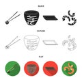 Sticks, shrimp, substrate, bowl.Sushi set collection icons in black,flat,outline style vector symbol stock illustration