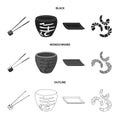 Sticks, shrimp, substrate, bowl.Sushi set collection icons in black,monochrome,outline style vector symbol stock