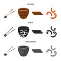 Sticks, shrimp, substrate, bowl.Sushi set collection icons in cartoon,black,monochrome style vector symbol stock