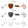Sticks, shrimp, substrate, bowl.Sushi set collection icons in cartoon,outline,monochrome style vector symbol stock
