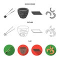 Sticks, shrimp, substrate, bowl.Sushi set collection icons in flat,outline,monochrome style vector symbol stock