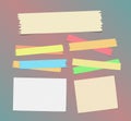 Sticky, adhesive masking tape, ruled note paper stuck on colorful background