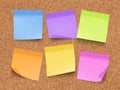 Sticky empty notes. Corkwood board on wall with memo colored papers with pin and clips vector realistic template Royalty Free Stock Photo