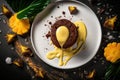 Sticky ginger pudding, marinated pineapple, mango cream and ginger beer syrup. Generative AI
