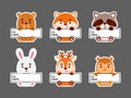 Sticky labels set of bear, fox, hare, raccoon, deer, owl. Cute cartoon animal tags for notepad, memo pad, flag marker for office