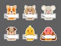 Sticky labels set of dog, cat, mouse, chicken, turkey. Cute cartoon animal tags for notepad, memo pad, flag marker for office