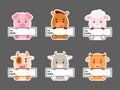 Sticky labels set of horse, pig, cow, sheep, bull, goat. Cute cartoon animal tags for notepad, memo pad, flag marker for office