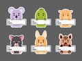 Sticky labels set of koala, kangaroo, crocodile, hyena, Tasmanian devil, camel. Cute animal tags for notepad, memo pad, flag