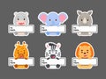 Sticky labels set of lion, hippo, elephant, rhino, giraffe, zebra. Cute cartoon animal tags for notepad, memo pad, flag marker for