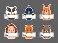 Sticky labels set of squirrel, badger, hedgehog, otter, beaver, raven. Cute cartoon animal tags for notepad, memo pad, flag marker