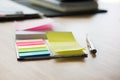 sticky note, ballpoint pen, notebook on office desk. business, w Royalty Free Stock Photo