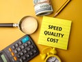 Sticky note,clock,banknote and magnifying glass with the word SPEED QUALITY COST