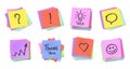 Sticky note messages. Stacked colorful adhesive notes, reminder pads with question mark, exclamation point, light bulb