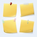 Sticky note pages, yellow papers vector set