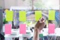 Sticky note paper reminder schedule board. Business people meeting and use post it notes to share idea on sticky note. Discussing Royalty Free Stock Photo