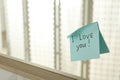 Sticky note with phrase I love you! on mirror, space for text Royalty Free Stock Photo