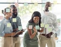 Sticky note, planning meeting and business people thinking of creative idea, writing strategy on paper and happy with Royalty Free Stock Photo