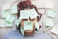 Sticky note, stress and woman with questions on face for frustrated lifestyle management thoughts. Thinking girl with Royalty Free Stock Photo