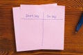 Sticky note with text Don't say and Do say