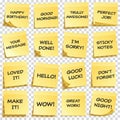 Sticky note with text and shadow isolated on transparent background set. Yellow paper. Message on notepaper.Reminder. Royalty Free Stock Photo
