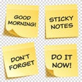 Sticky note with text and shadow isolated on transparent background set. Yellow paper. Message on notepaper.Reminder. Royalty Free Stock Photo