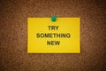 A sticky note with the words Try Something New on it pinned to a cork board Royalty Free Stock Photo